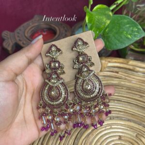 Gold-tone chandbali drop earring- Purple