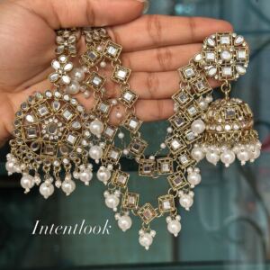 Gold-plated mirror-work tana jhumka and tikli set