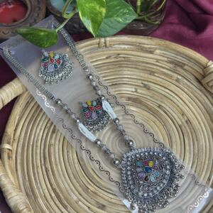 Oxidised silver-toned long necklace