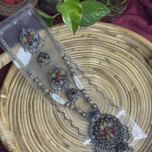 Oxidised silver-toned long necklace
